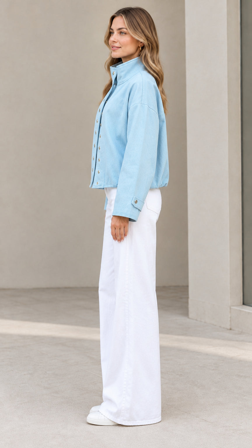Side profile view of woman wearing Light Blue casual utility jacket