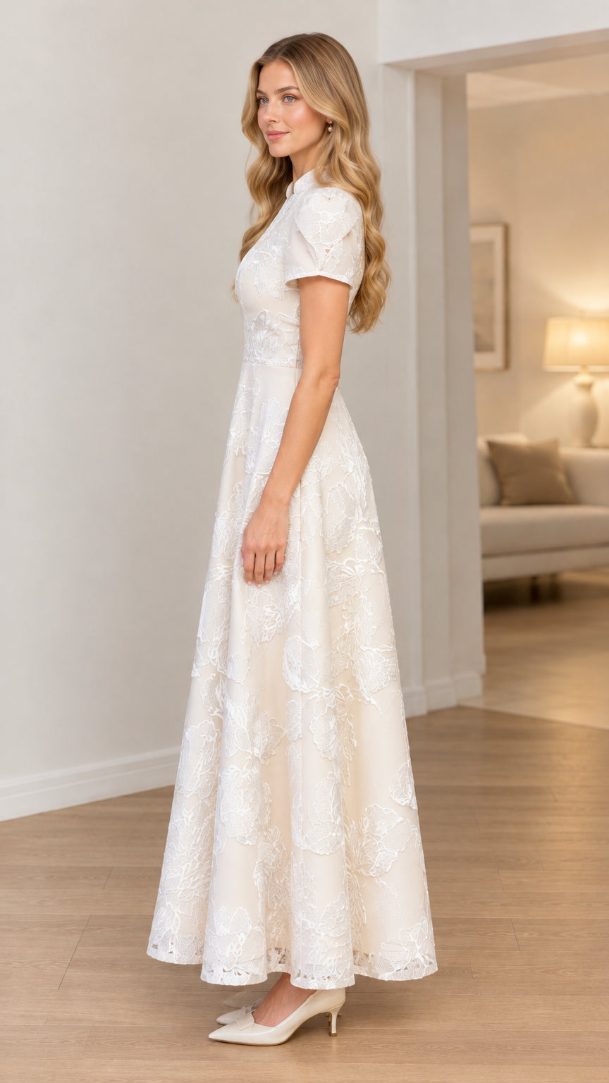 Ivory floral jacquard maxi dress side profile view