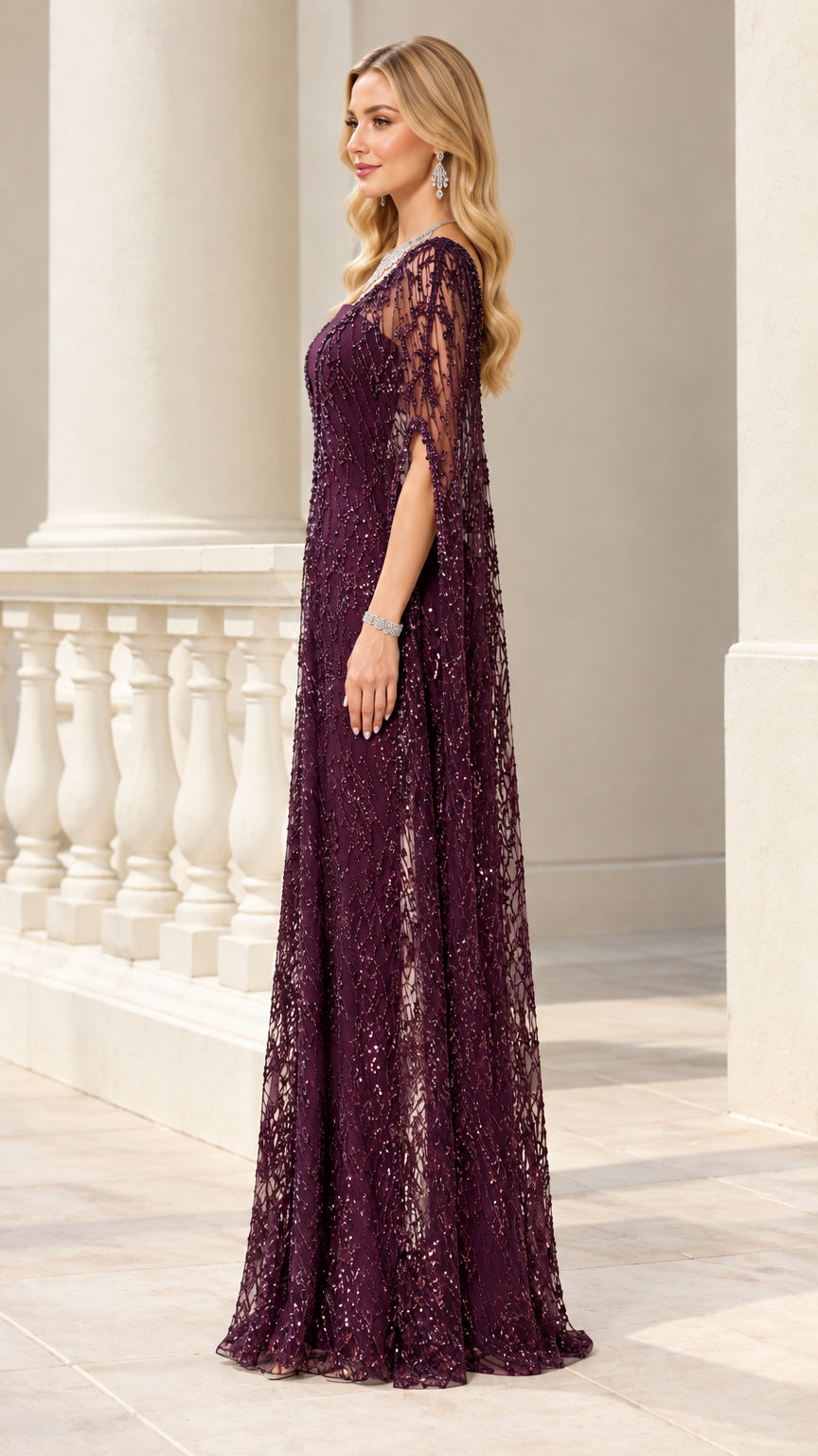 Plum formal cape sleeve dress side angle view