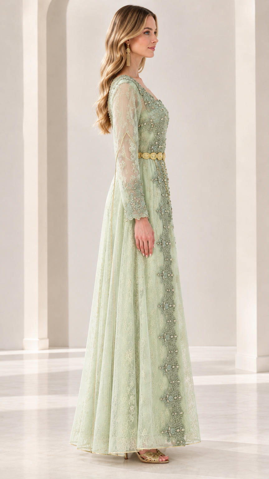 Side profile of sage green lace formal maxi dress showing elegant silhouette and sleeves