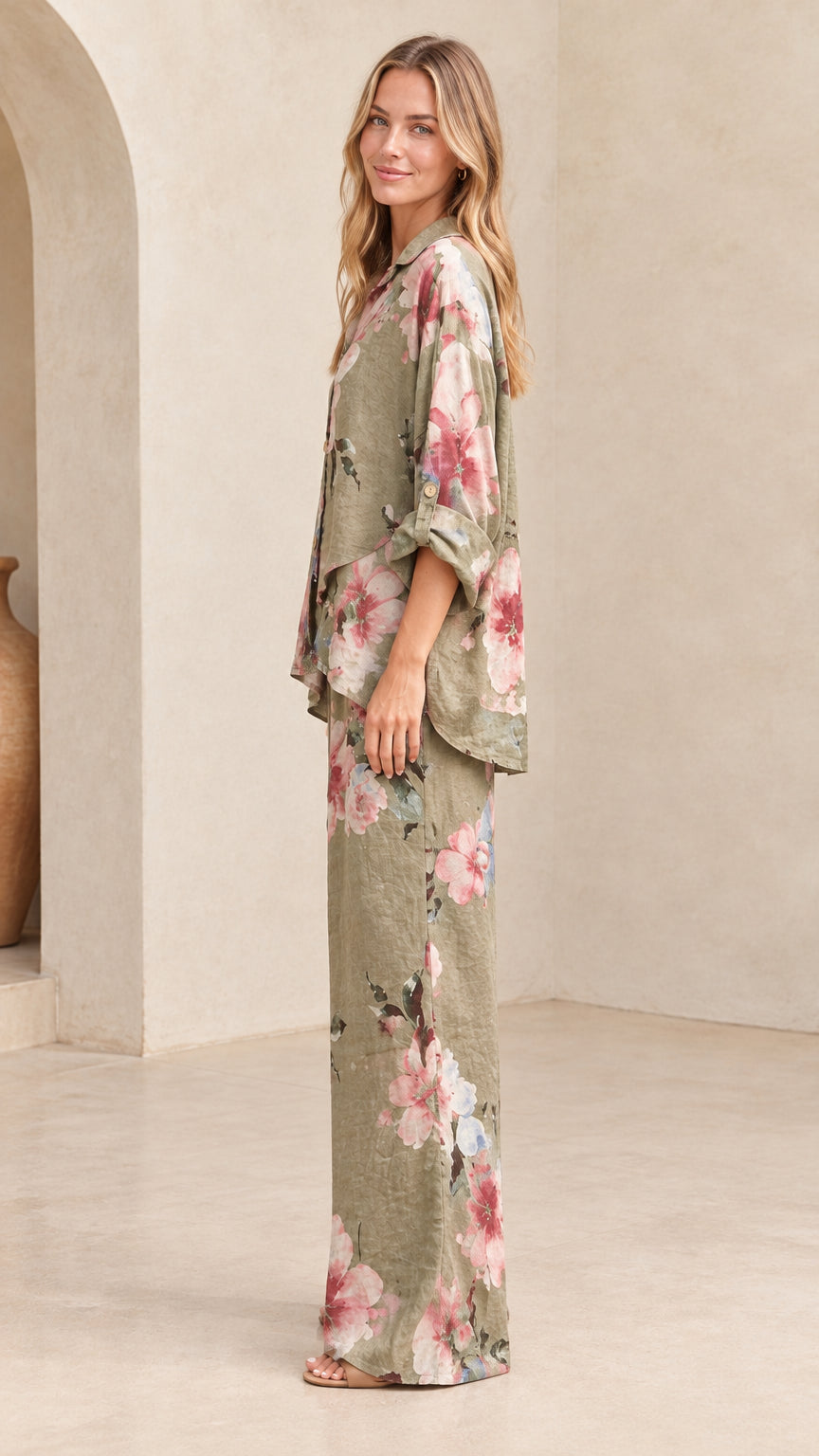 Sage Green floral two-piece set side profile view