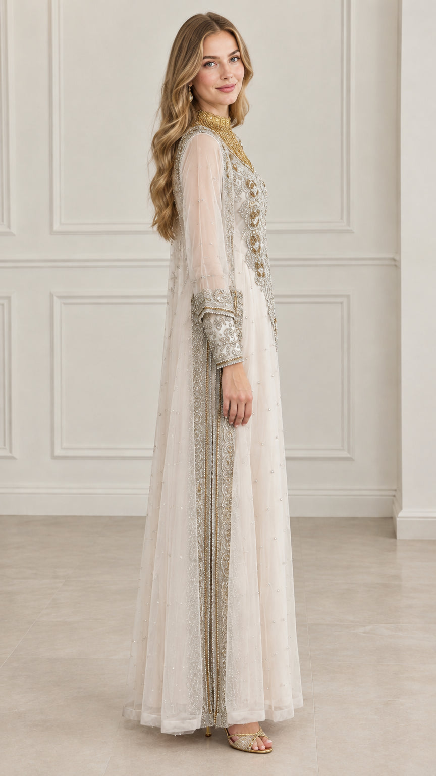 Side angle view of woman wearing ivory embroidered formal kaftan dress