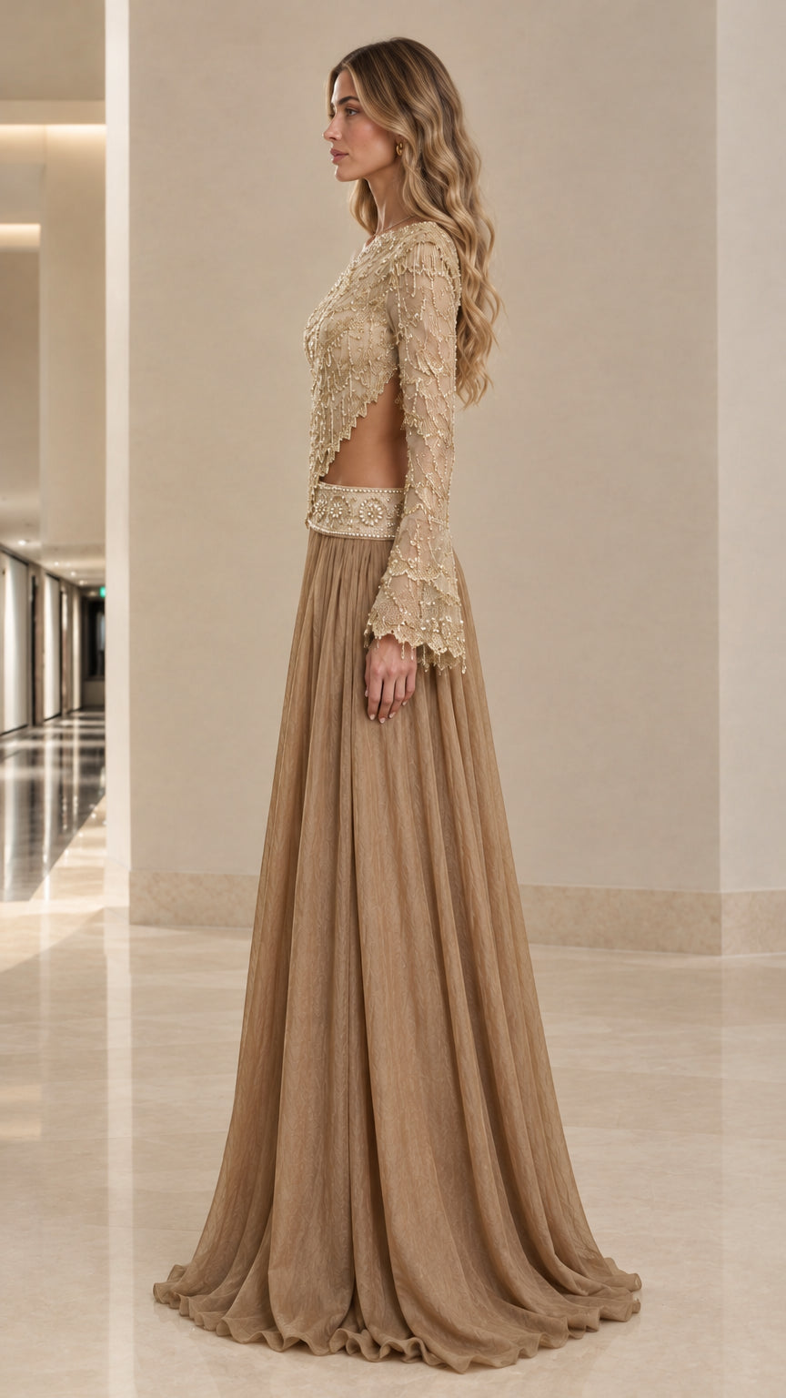 Champagne Gold one-shoulder cutout maxi gown side view