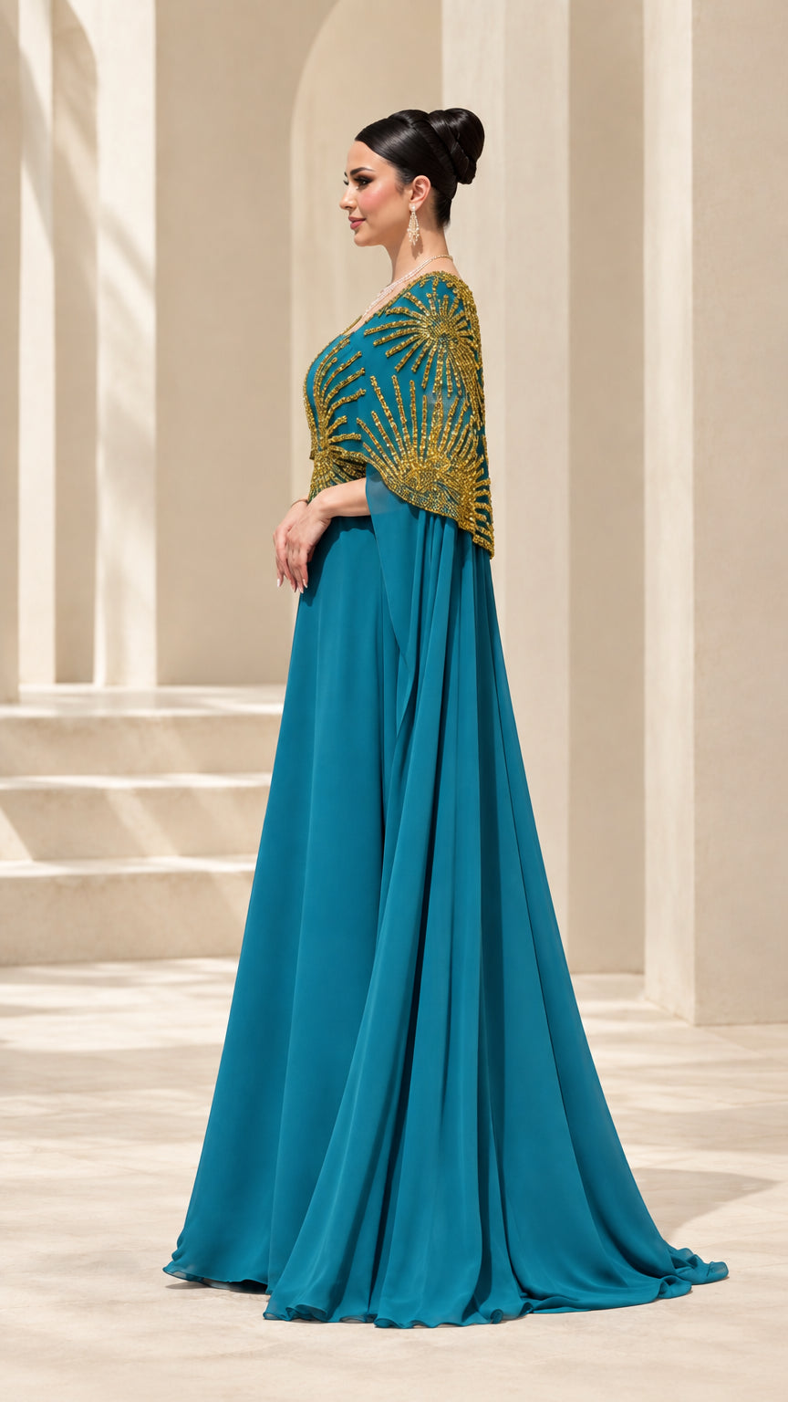 Side profile of teal blue formal evening cape dress