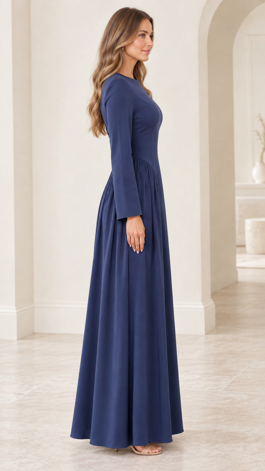 Side angle of navy blue elegant long sleeve A-line maxi gown