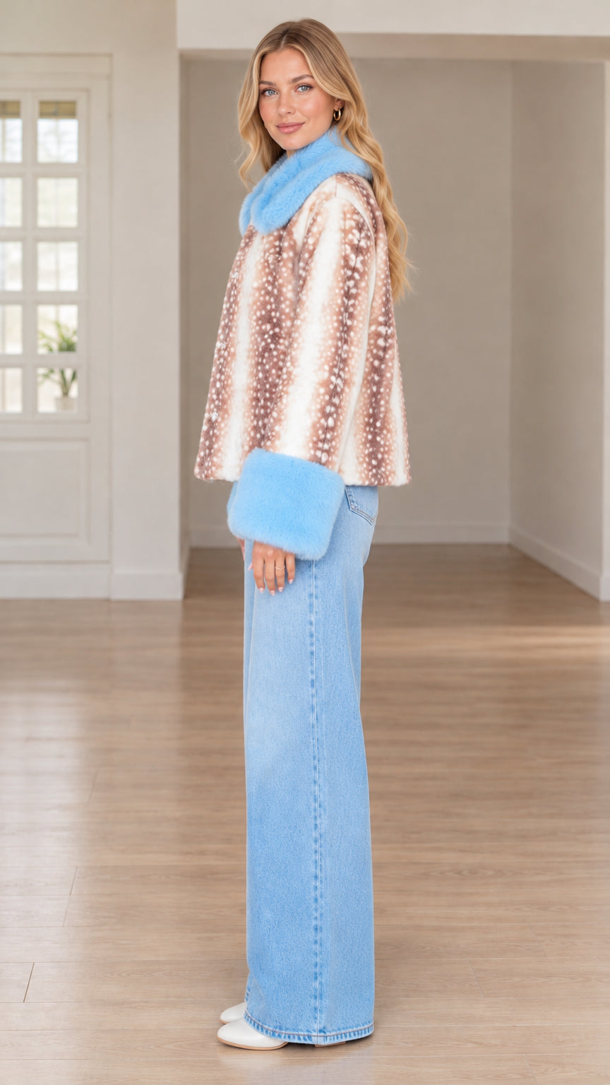 Side profile of model wearing brown deer print faux fur jacket and light wash jeans