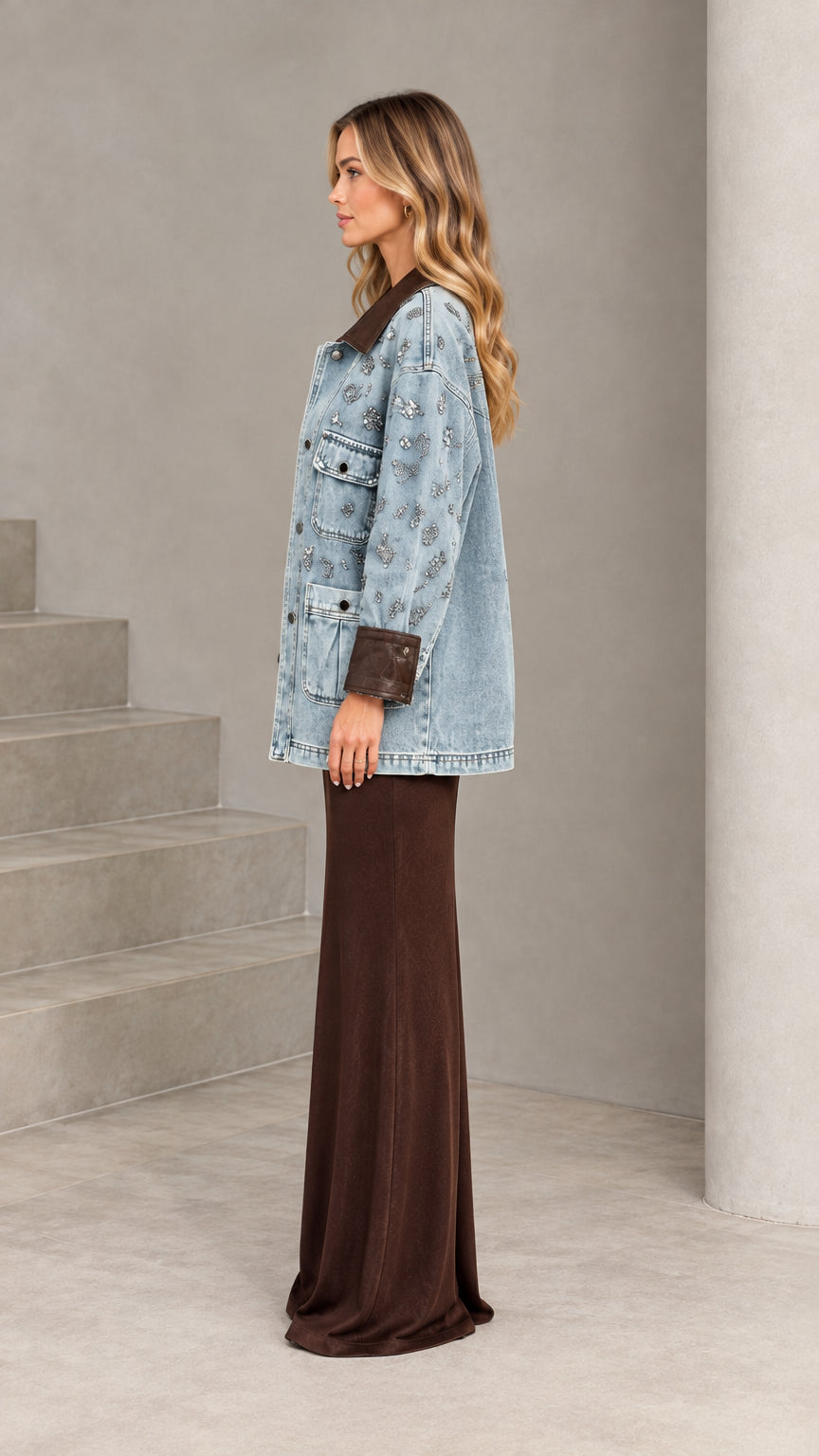Side profile view of model wearing Light Blue embellished denim jacket with brown contrast cuffs
