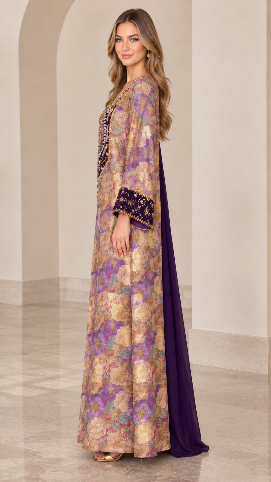 Side profile view of purple floral kaftan dress highlighting sleeve embroidery