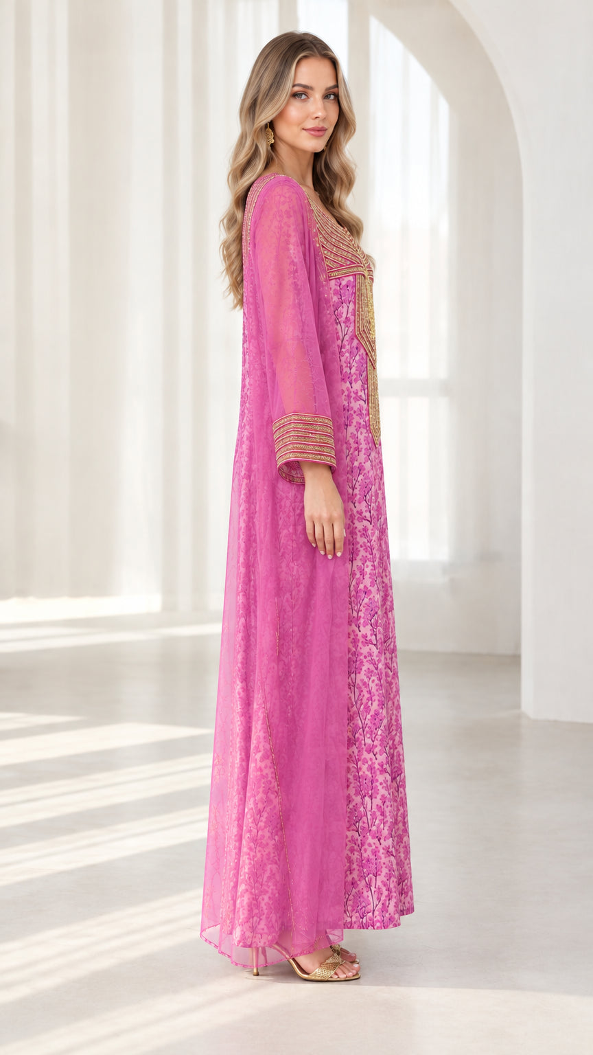 Side profile of woman in fuchsia floral embroidered kaftan dress with sheer overlay