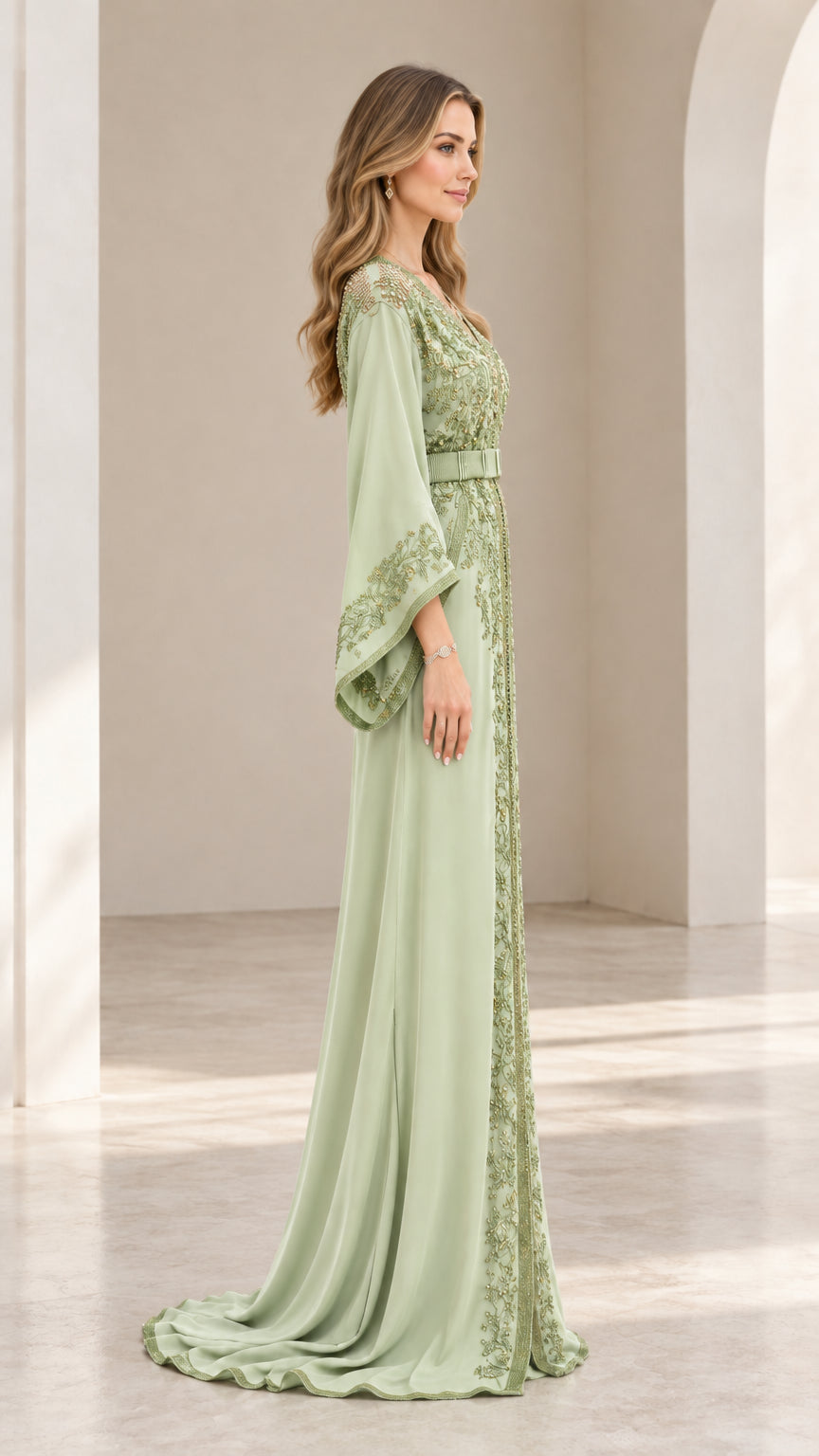 Side profile of woman in sage green bell sleeve embroidered evening kaftan gown