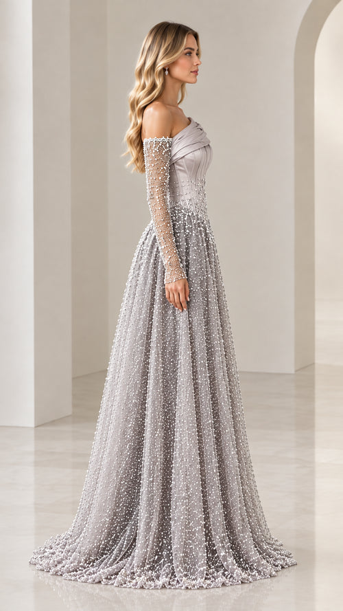 Side profile of silver grey long sleeve pearl-embellished formal dress