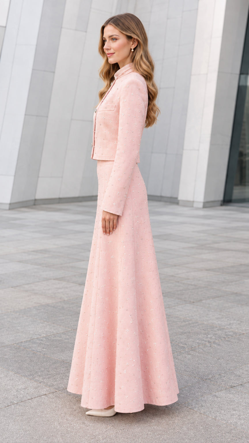 Side profile view of Blush Pink tweed modest two-piece skirt set