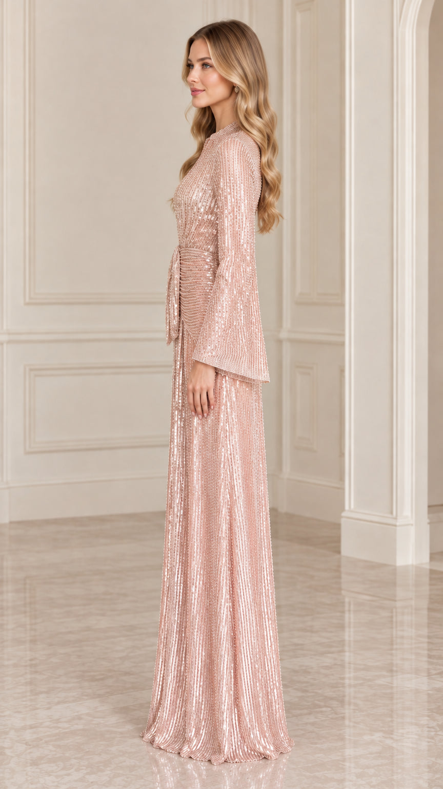 Side profile view of Rose Gold sequined evening dress with bell sleeves