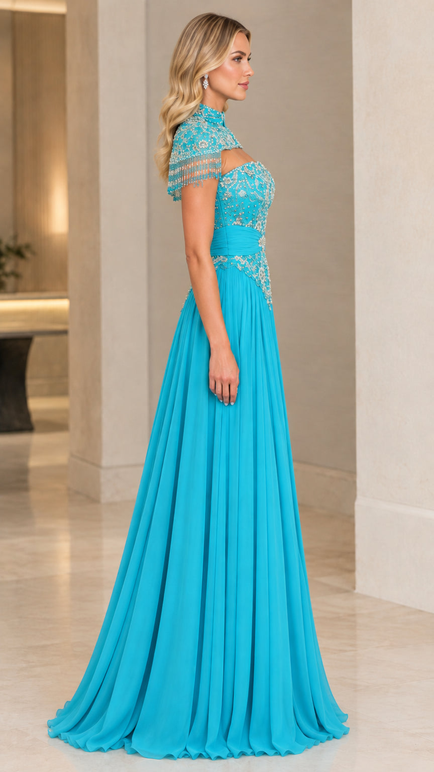 Turquoise beaded A-line formal gown side angle