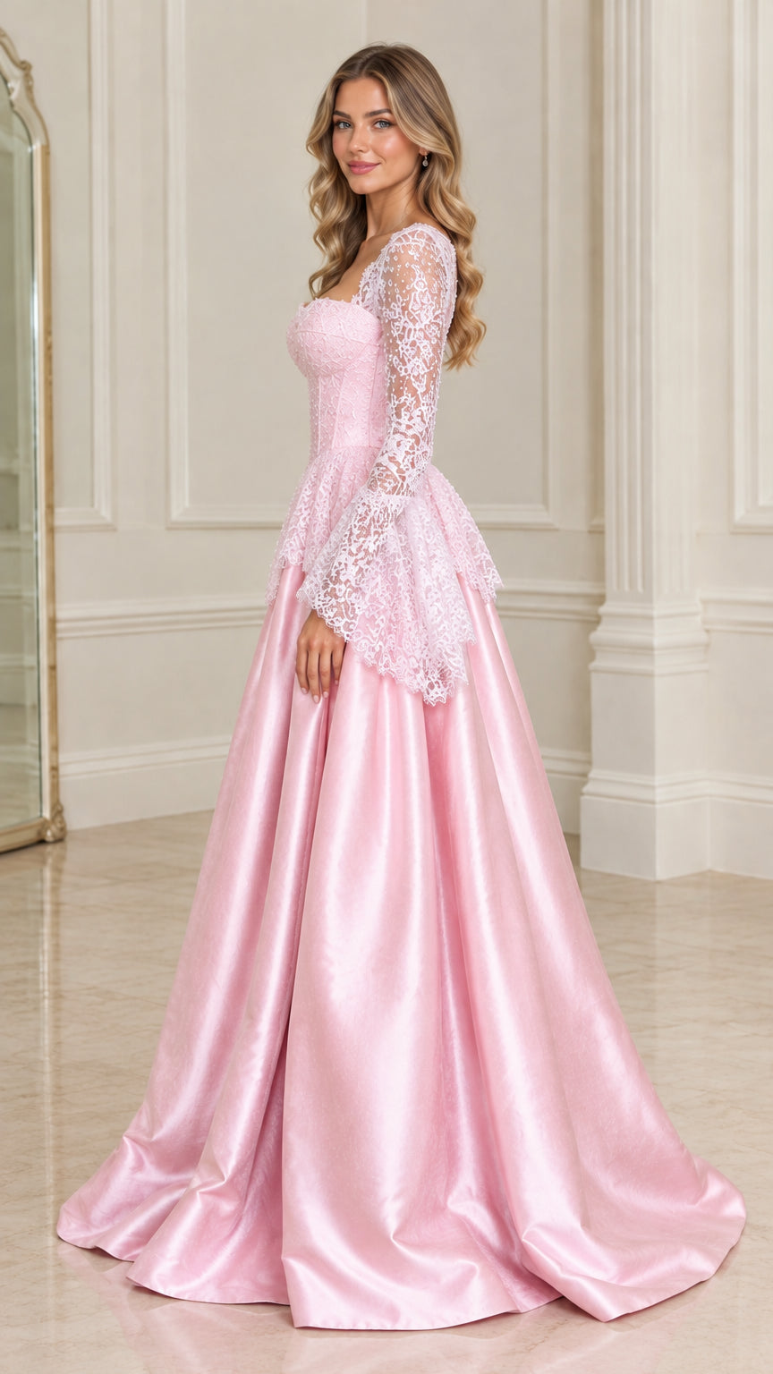 Side profile of model wearing pink lace corset evening gown with flared sleeves