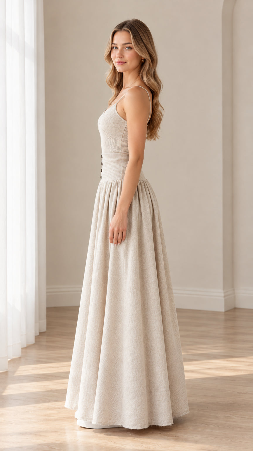 Side profile of women's oatmeal sleeveless smocked maxi dress