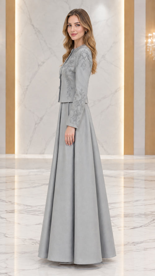 Side profile of Silver Grey two-piece formal evening gown
