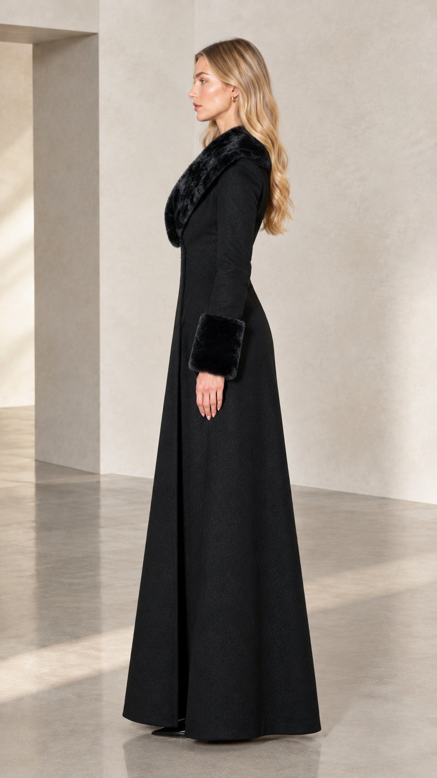 Side profile view of elegant black longline coat with faux fur collar