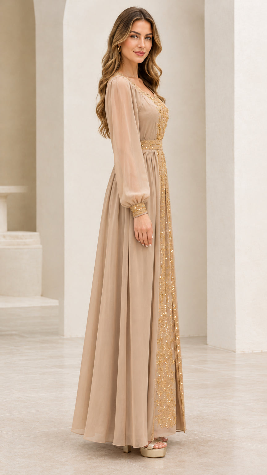 Side profile view of woman wearing Champagne flowing long sleeve formal maxi gown