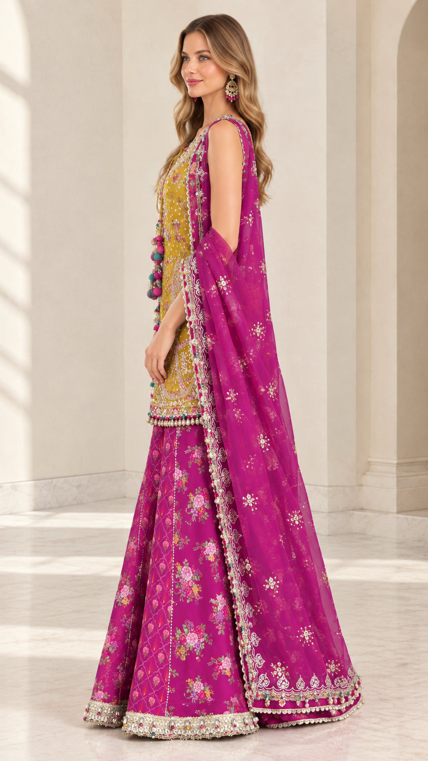 Side profile view of woman wearing Mustard and Magenta floral sharara suit
