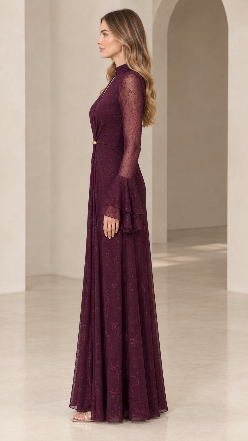 Side profile of elegant burgundy formal maxi dress with tiered flare cuffs