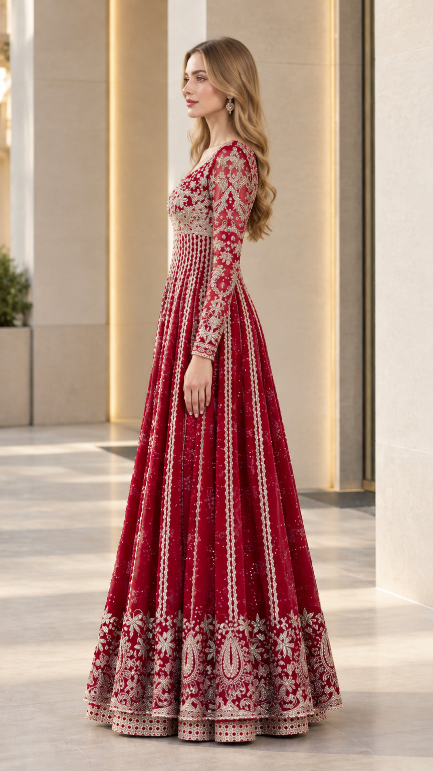 Side profile of woman in burgundy embroidered floor length evening dress