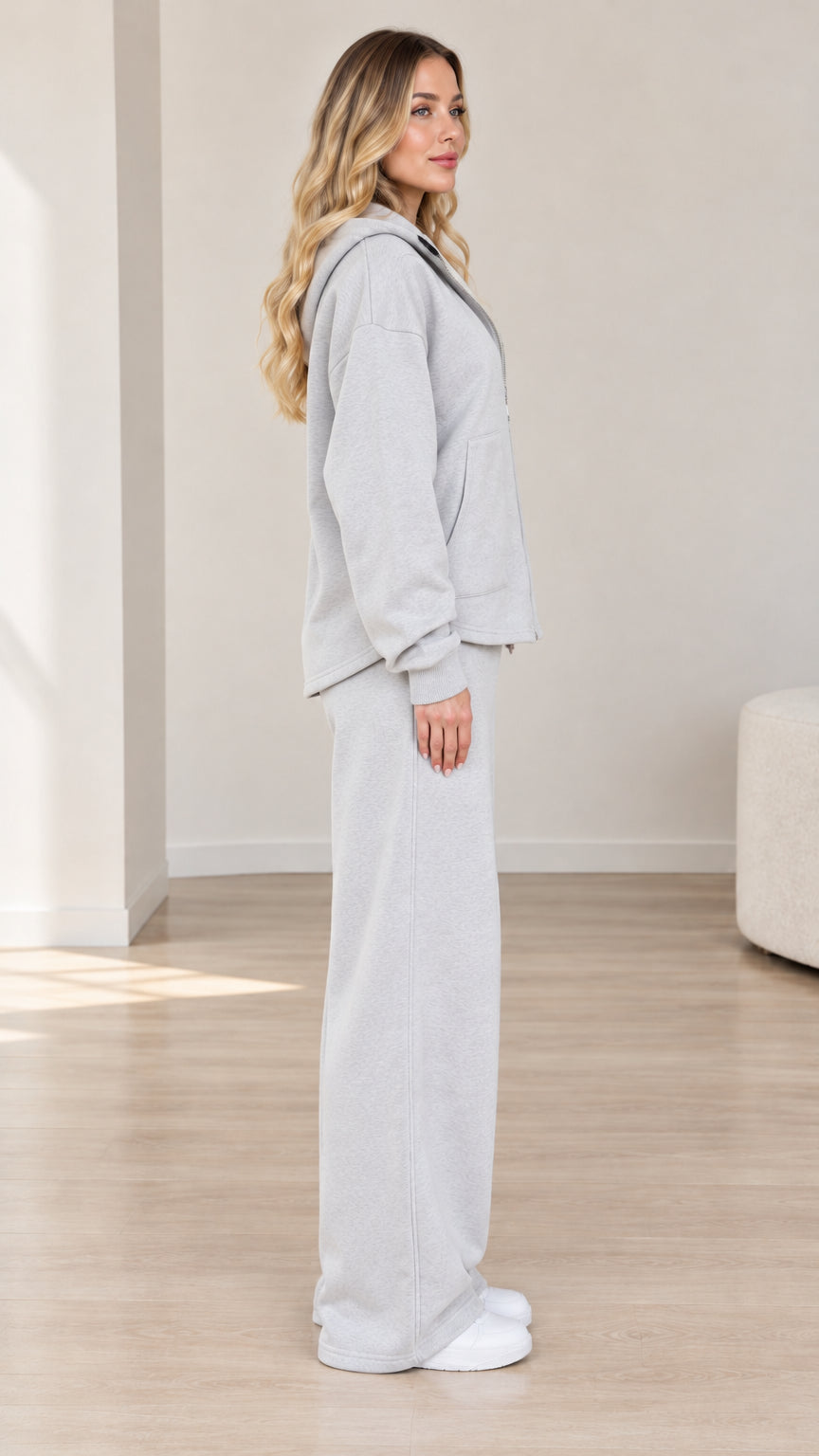 Side profile view of Heather Grey wide-leg fleece lounge set