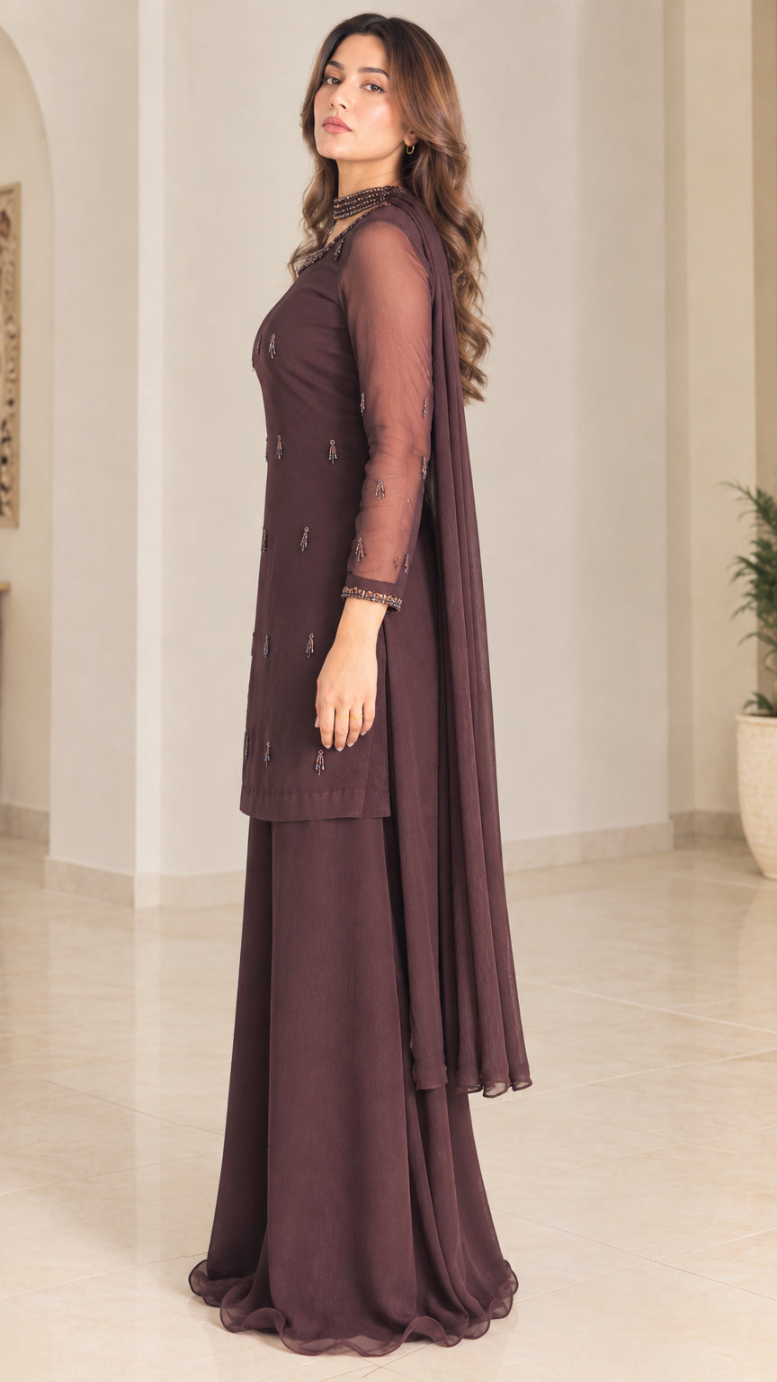 Chocolate brown 3-piece sharara suit set side profile view