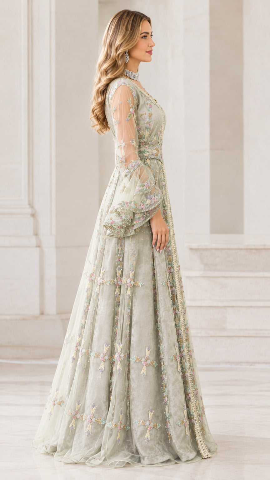 Side profile view of Sage Green formal embroidered kaftan dress showing bell sleeves