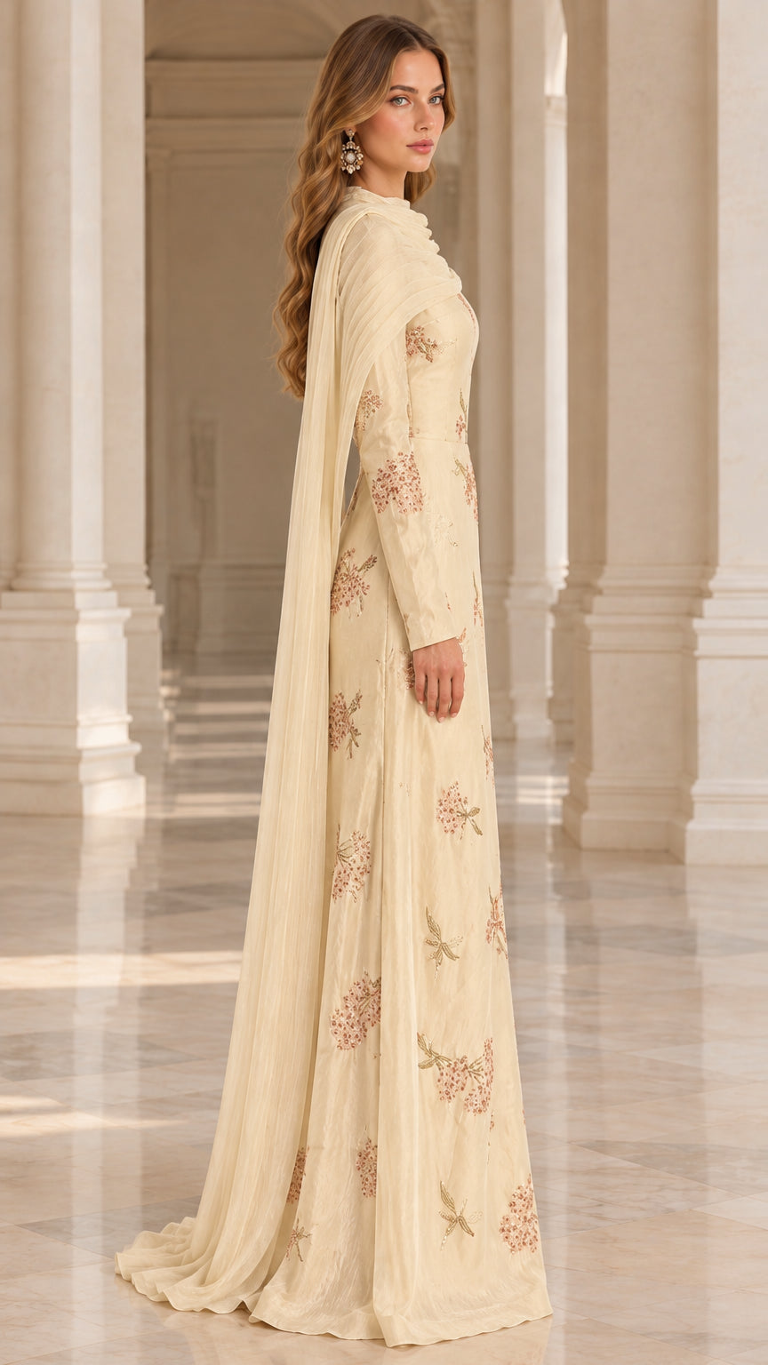 Side view of model wearing champagne embroidered floor length evening dress