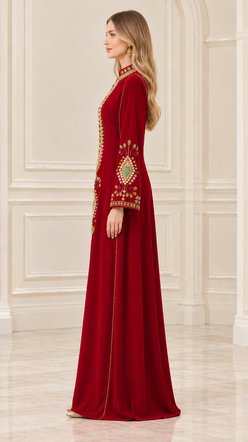 Side profile of wine red embroidered velvet long-sleeve maxi dress