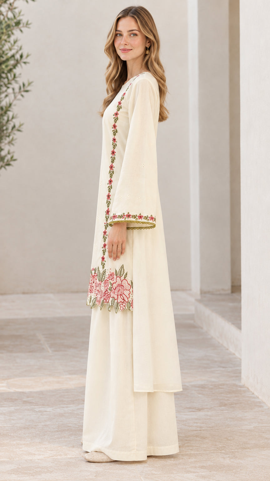 Side profile view of woman wearing off-white embroidered long tunic and palazzo trousers