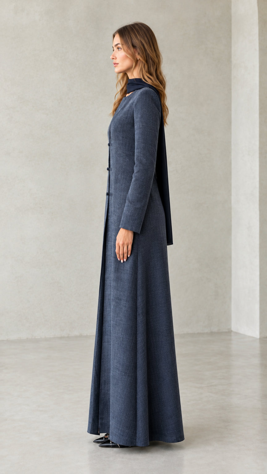 Side profile of model wearing Slate Blue long sleeve maxi dress