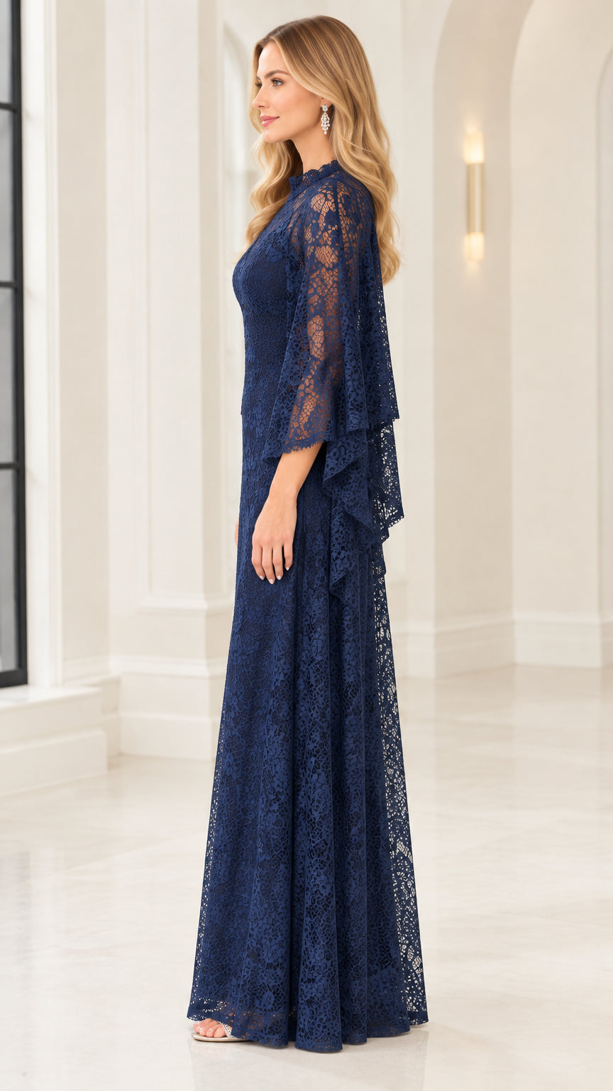 Side profile view of Navy Blue floral lace evening dress with flowing cape