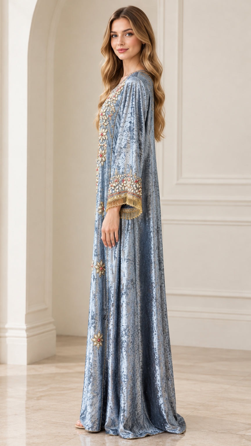 Side profile of dusty blue crushed velvet abaya with embellished sleeve cuffs