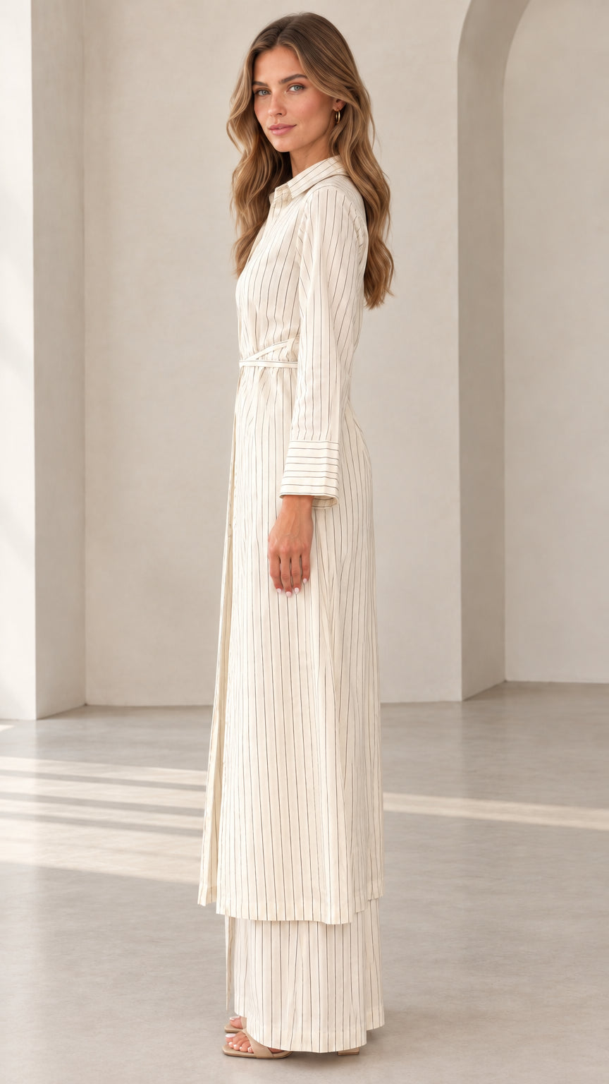Side view of woman in Cream pinstripe longline belted shirt and matching trousers