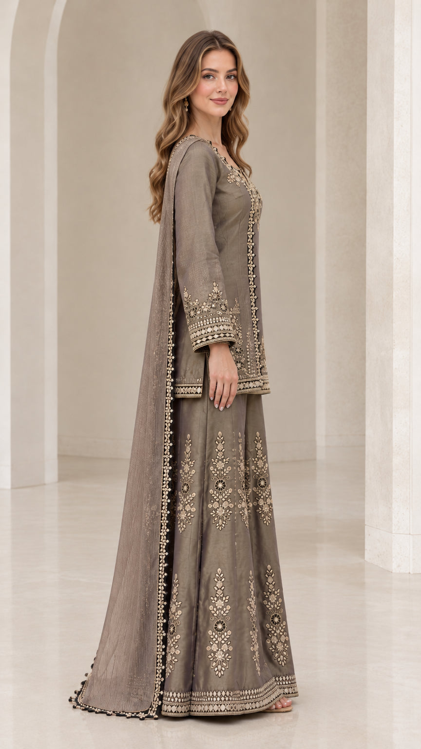Side profile of woman in taupe grey embroidered festive sharara outfit