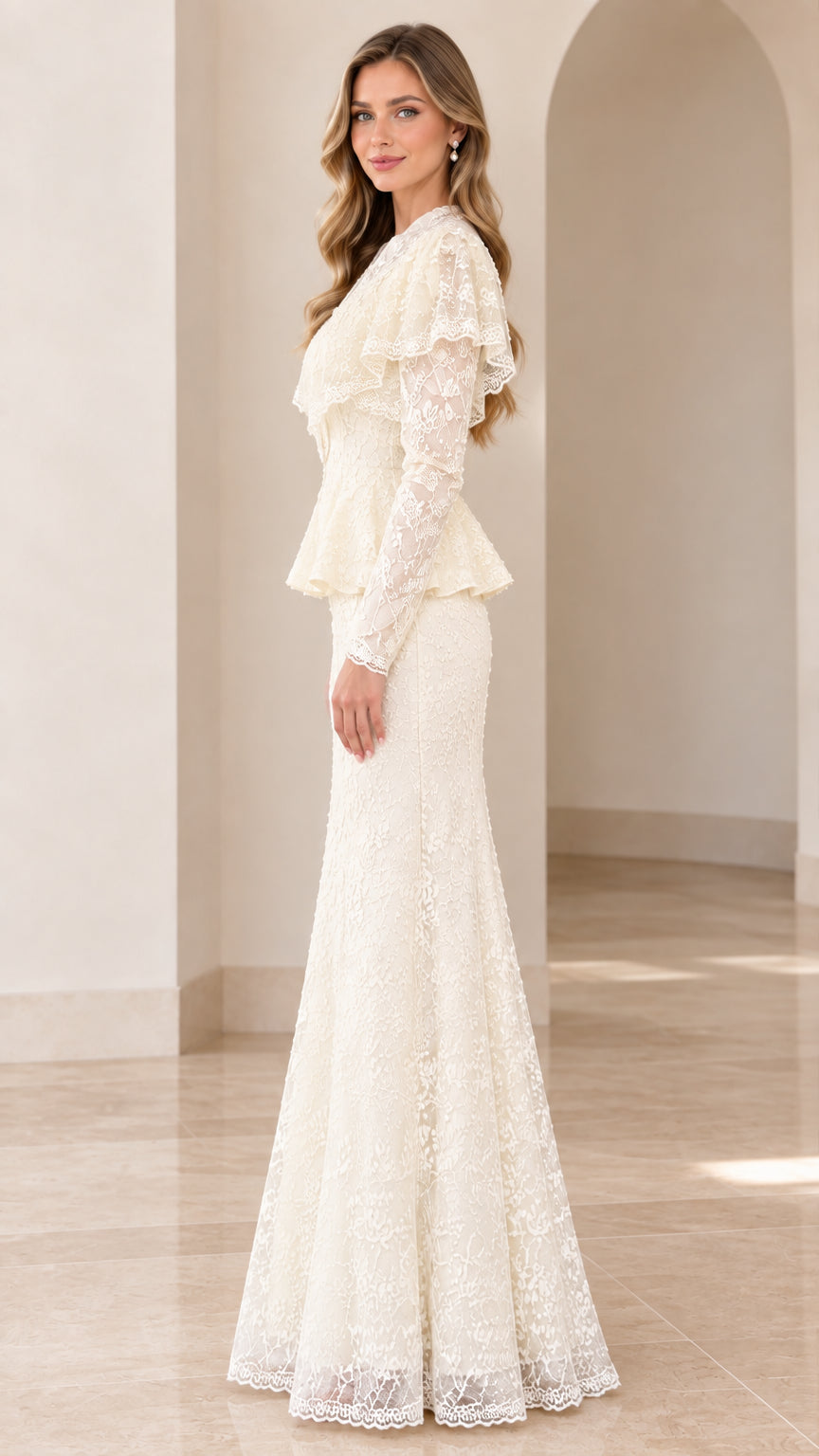 Side profile view of woman modeling the ivory lace formal gown
