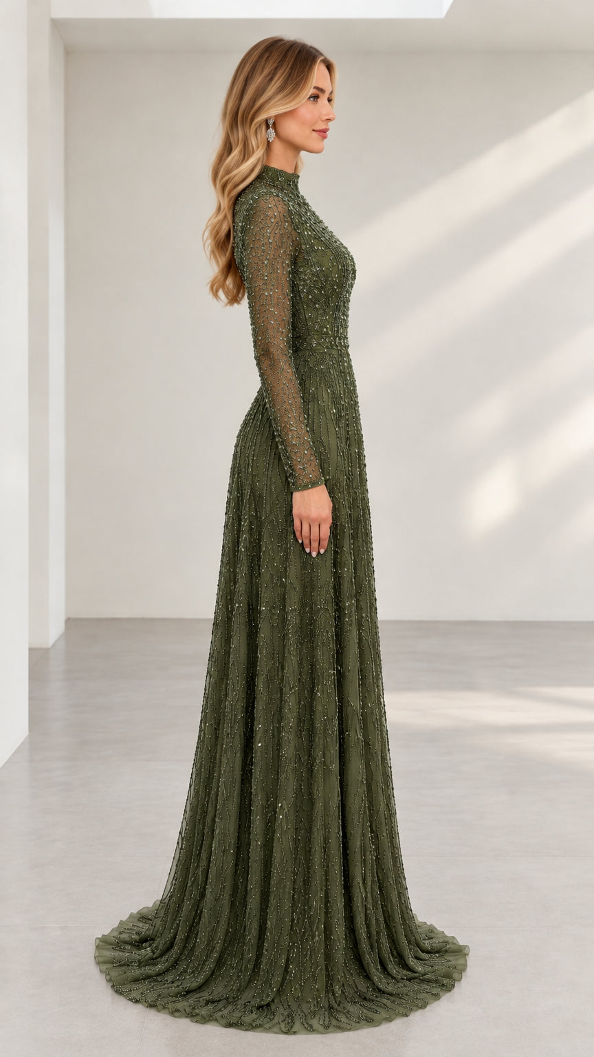 Side profile view of olive green sequined long sleeve floor-length formal dress