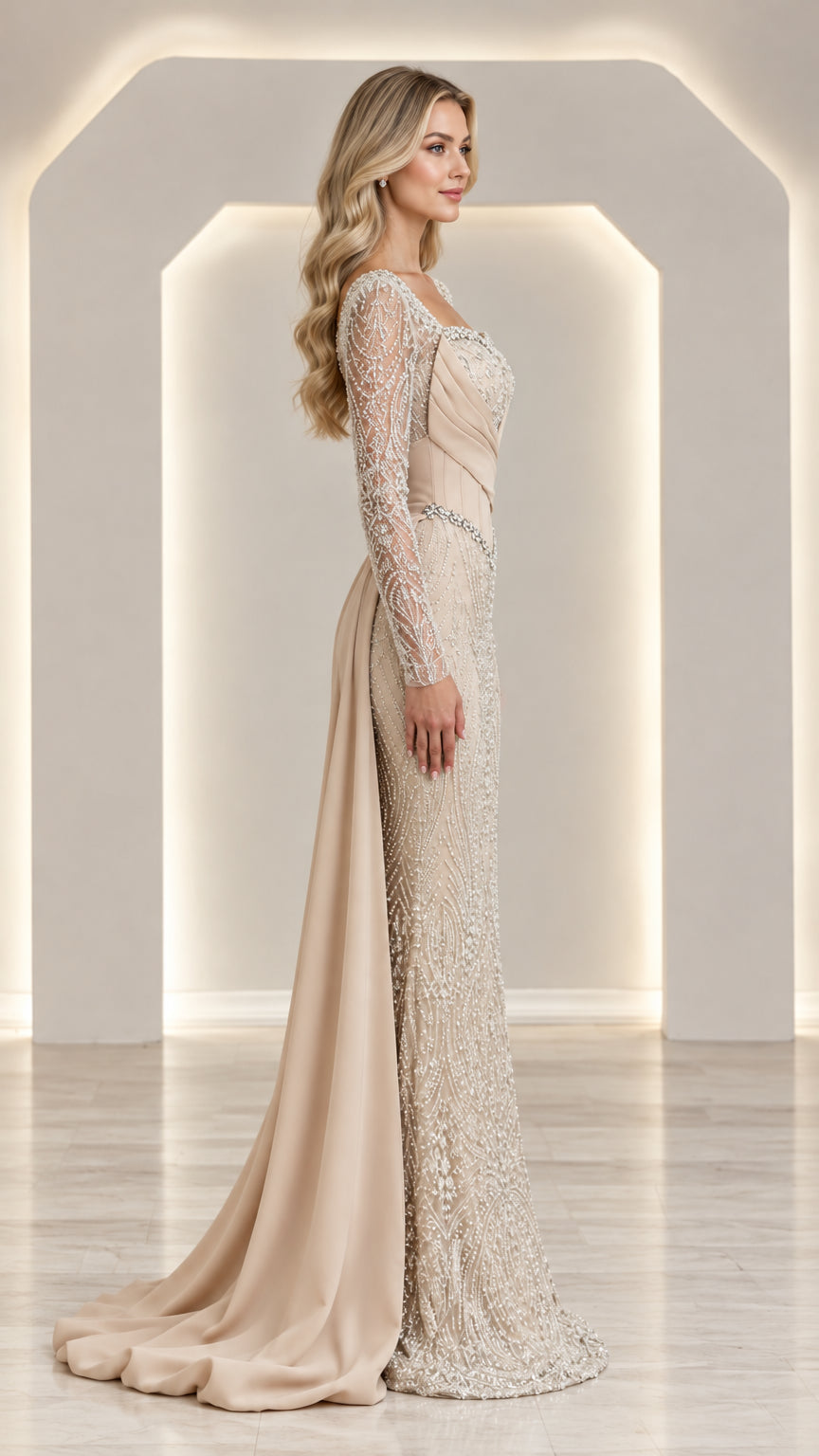 Side profile of champagne long sleeve embellished formal gown with satin train