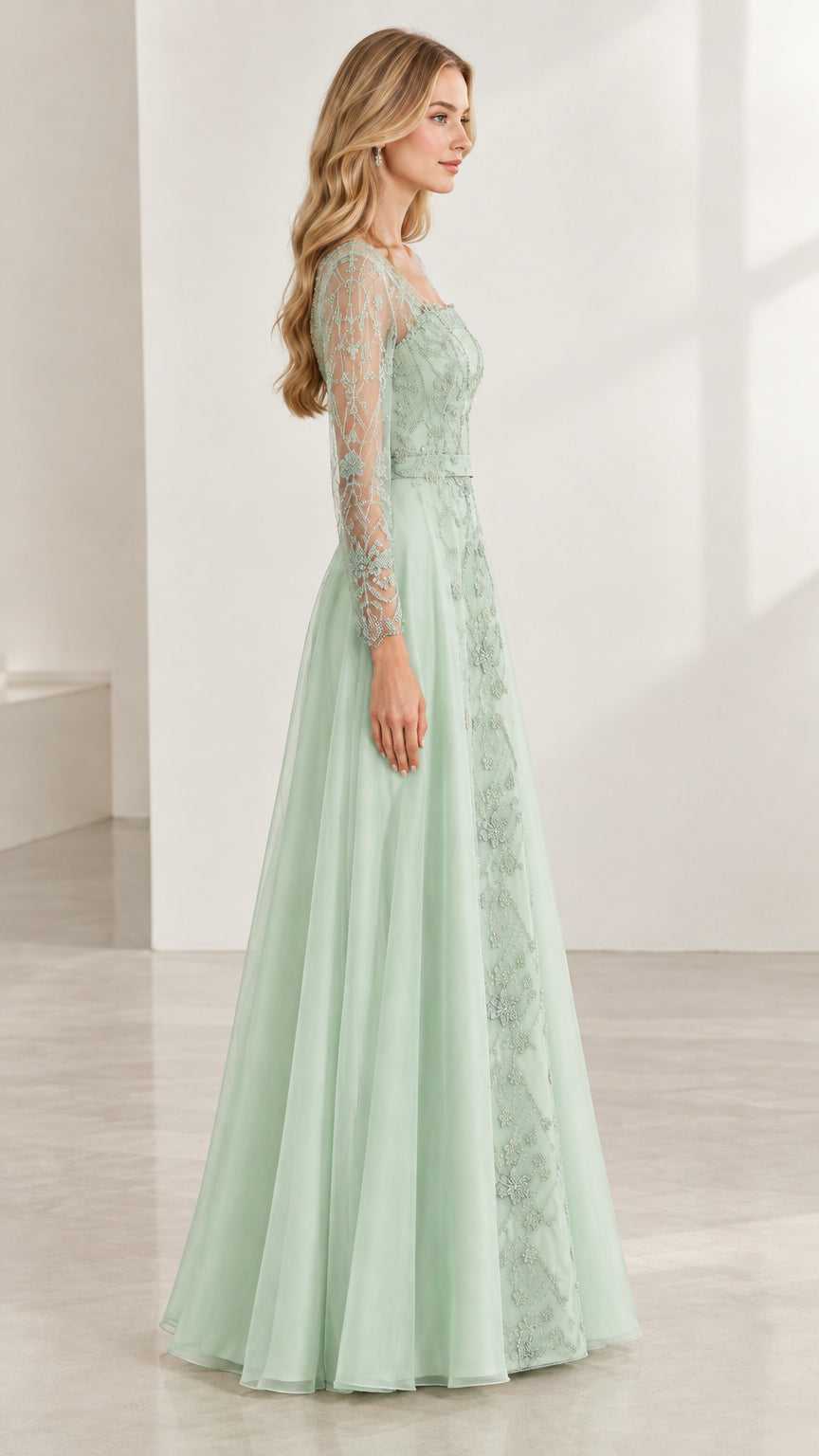 Side view of woman wearing sage green A-line embroidered formal dress