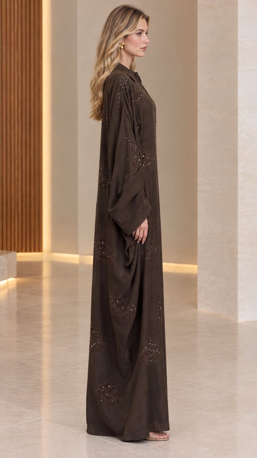 Dark Brown flowing kaftan maxi dress side profile view