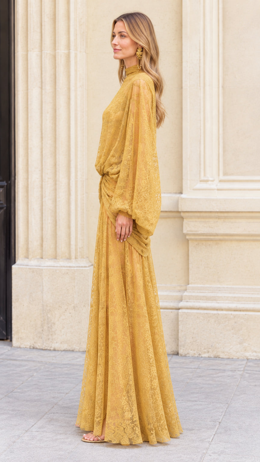 Side profile view of Mustard Yellow high neck lace maxi dress showing sleeve drape and skirt flow