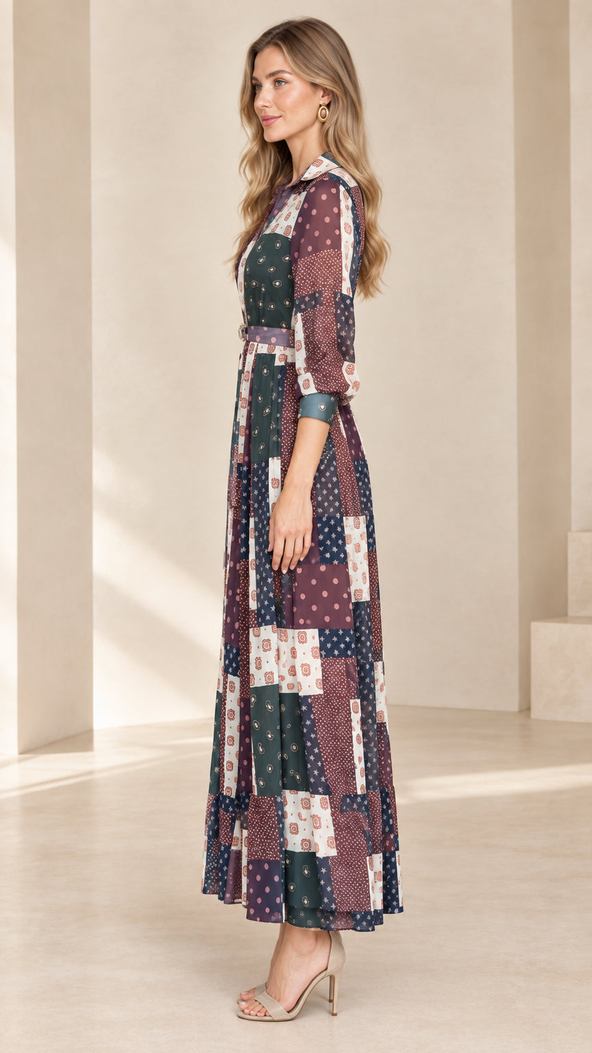 Side profile of model wearing Navy Multi long sleeve belted maxi dress