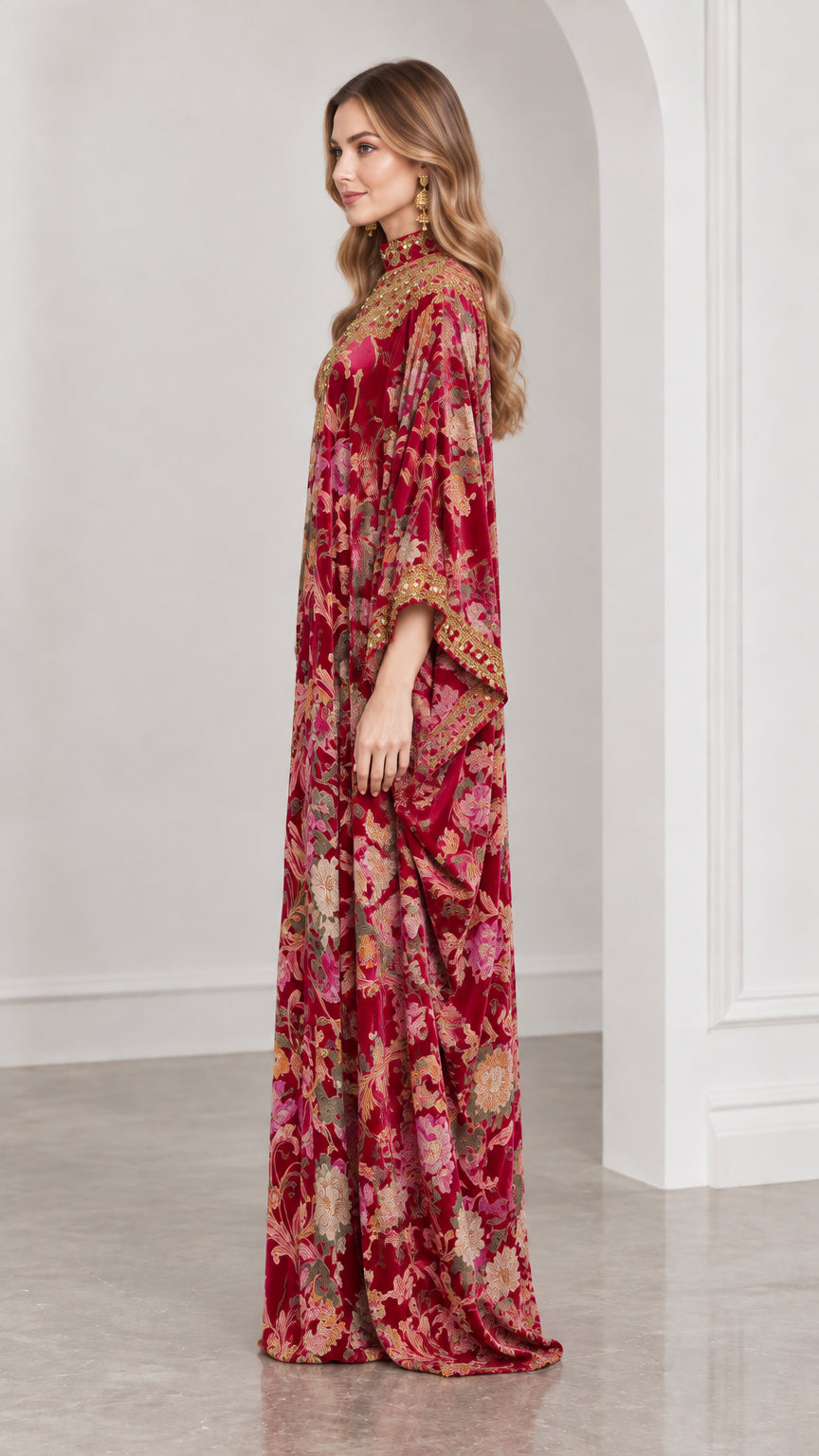 Side profile view of burgundy floral velvet kaftan maxi dress