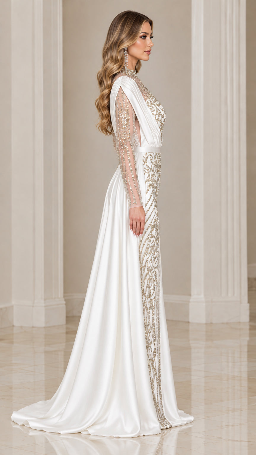 Side profile view of white embellished long sleeve formal dress with satin drape