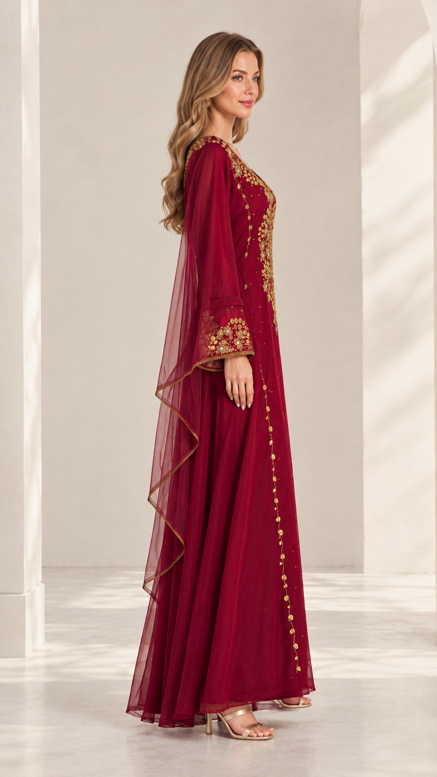 Burgundy embroidered cape sleeve chiffon maxi dress side angle view