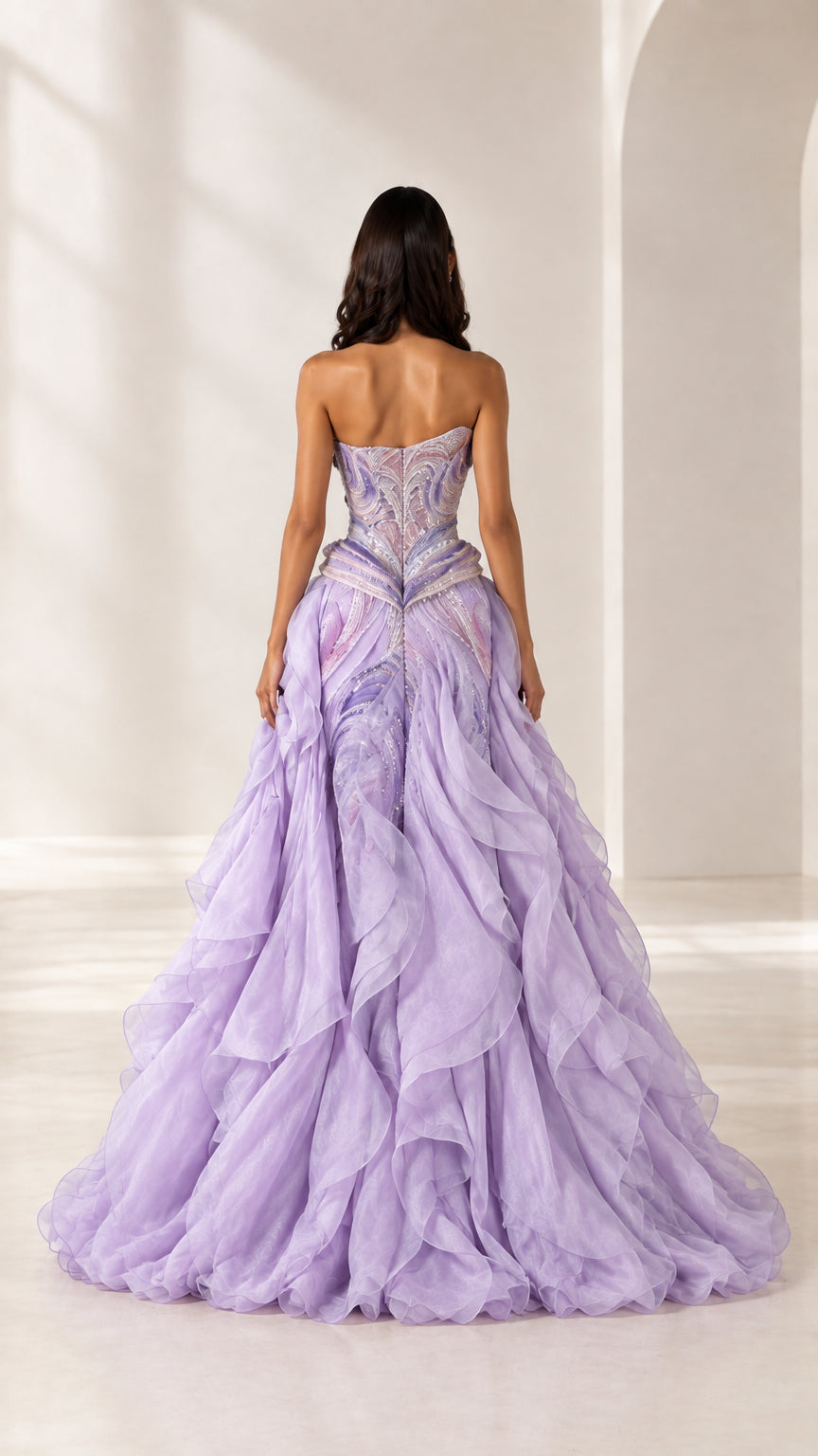Back view of model in lavender sculpted bodice ball gown with cascading ruffles