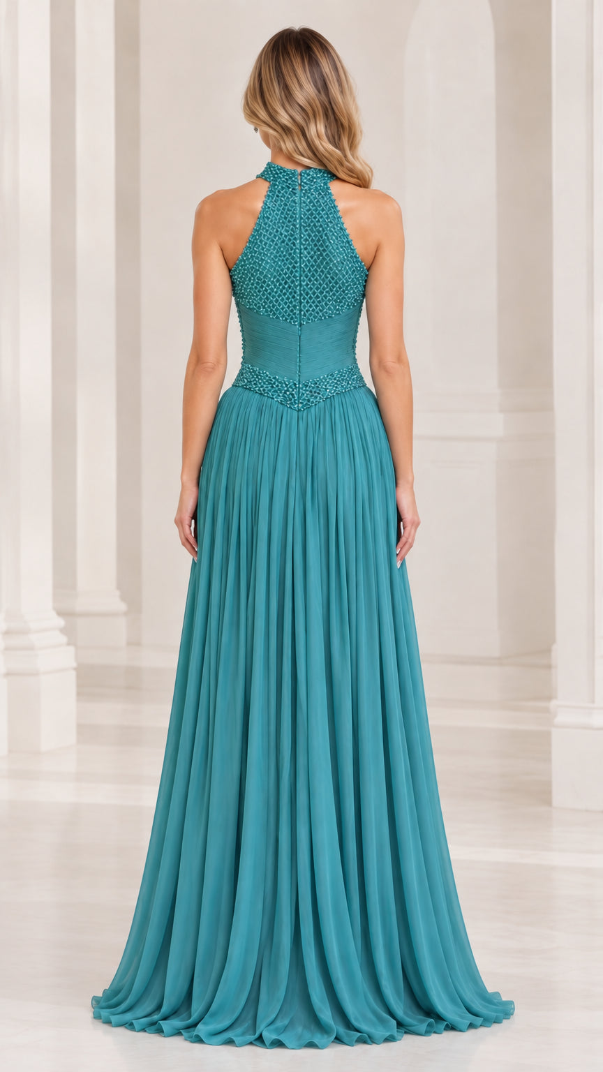 Back view of model wearing a teal halter beaded formal gown with flowing chiffon skirt