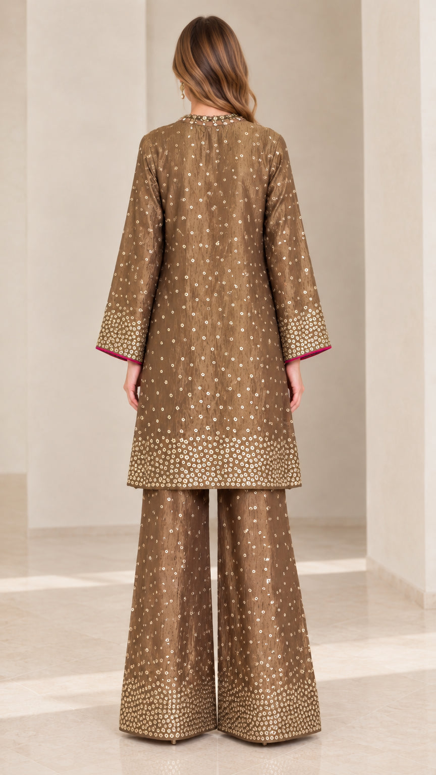 Back full-length view of Bronze long-sleeve embellished tunic and palazzo set
